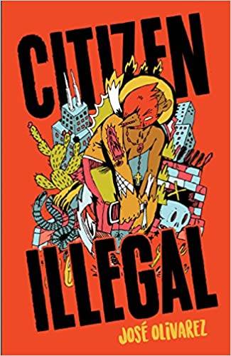 Illustrated "citizen illegal" book cover with a human figure with a bird-like head in a city